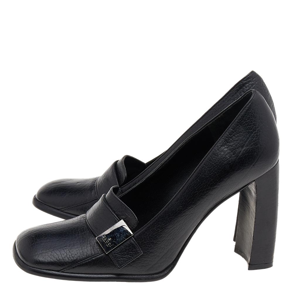 Gucci pumps are your go-to pair of luxury, comfortable shoes. Sporting a leather exterior in black, these designer pumps make for a great pick. They feature square toes, logo plaques, and 9 cm block heels.

