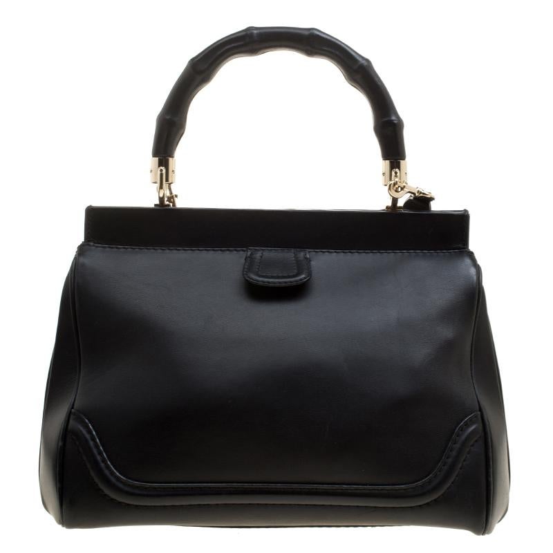 Women's Gucci Black Leather Bold Bamboo Top Handle Bag