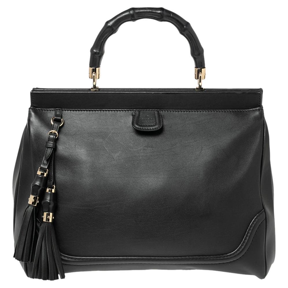 Gucci Black Leather Bold Bamboo Top Handle Bag