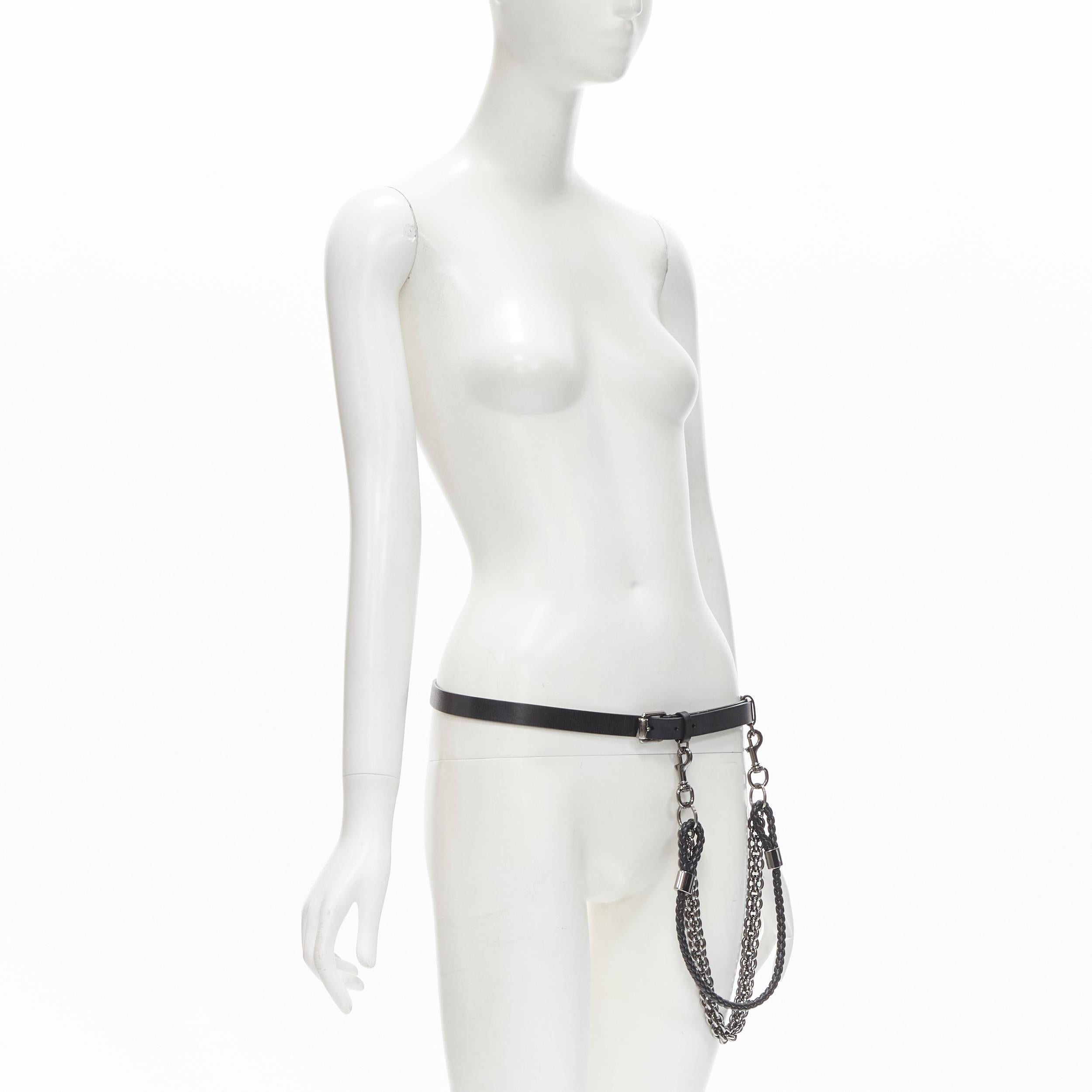 GUCCI black leather braided leather metal link chain skinny belt 85cm In Excellent Condition In Hong Kong, NT