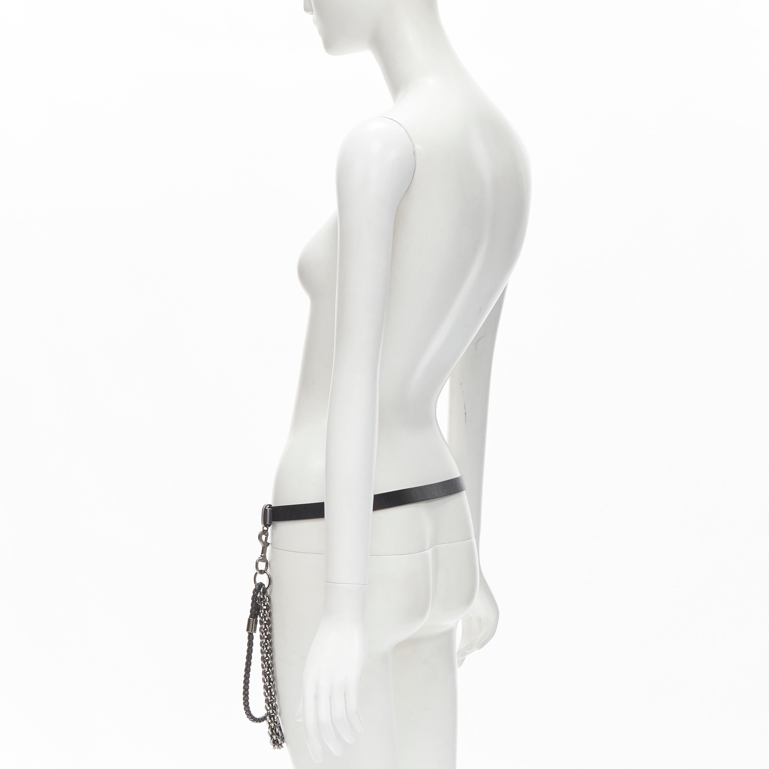 Gucci cintura nera in pelle intrecciata con catena a maglie metalliche 85cm 2