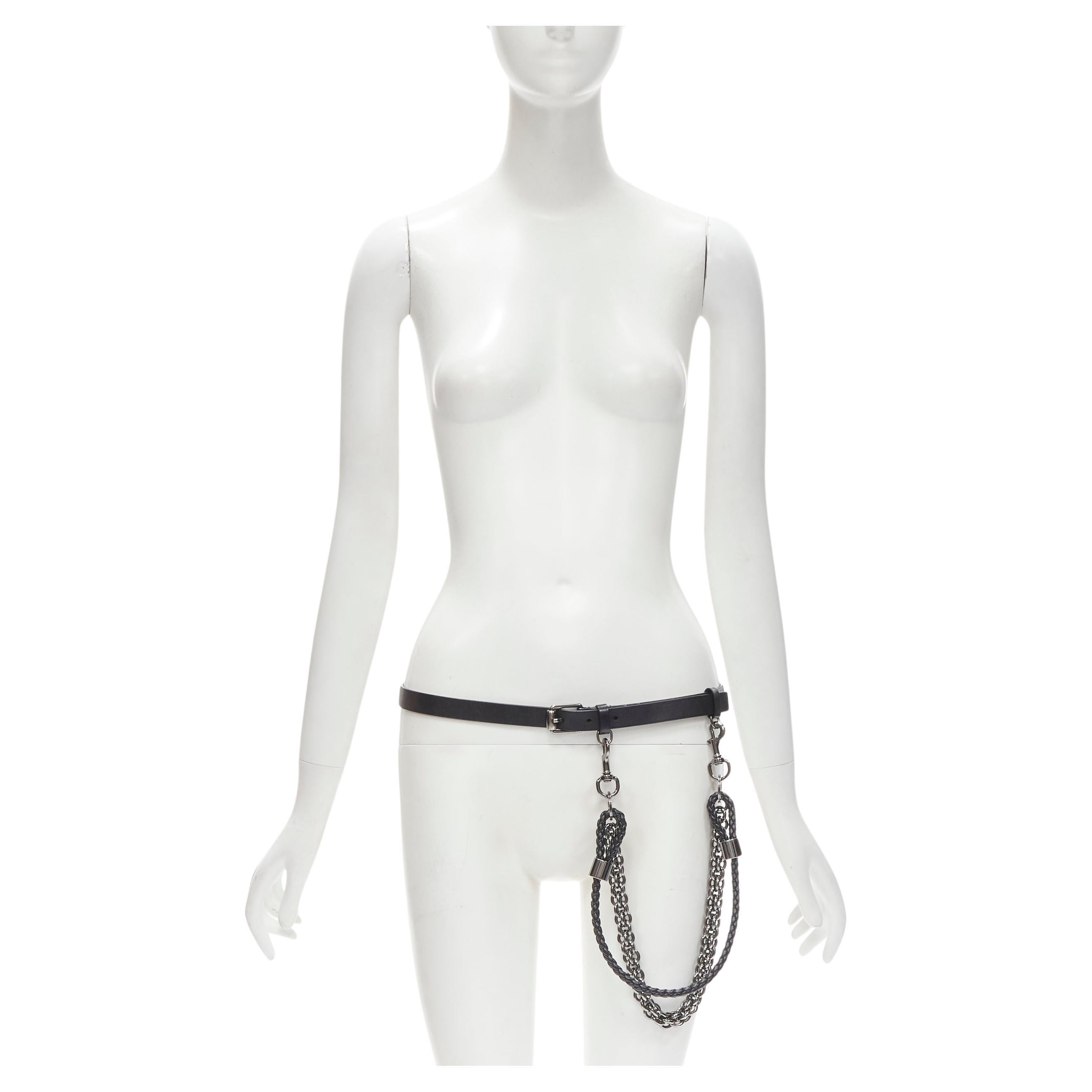 GUCCI black leather braided leather metal link chain skinny belt 85cm