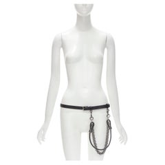 GUCCI black leather braided leather metal link chain skinny belt 85cm