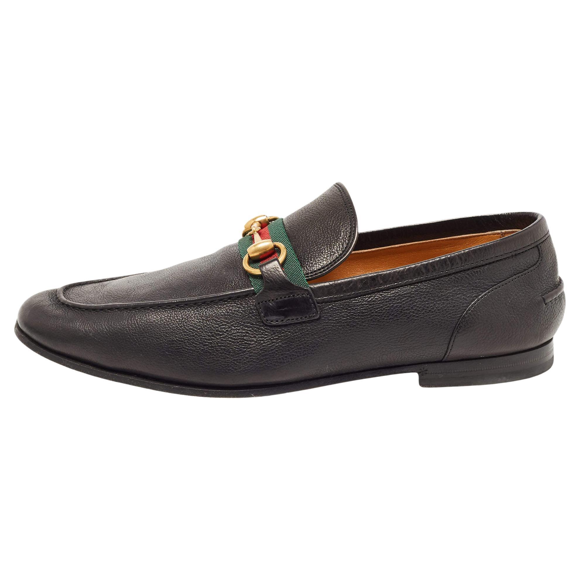 Gucci Black Leather Brixton Web Horsebit Slip On Loafers Size 40