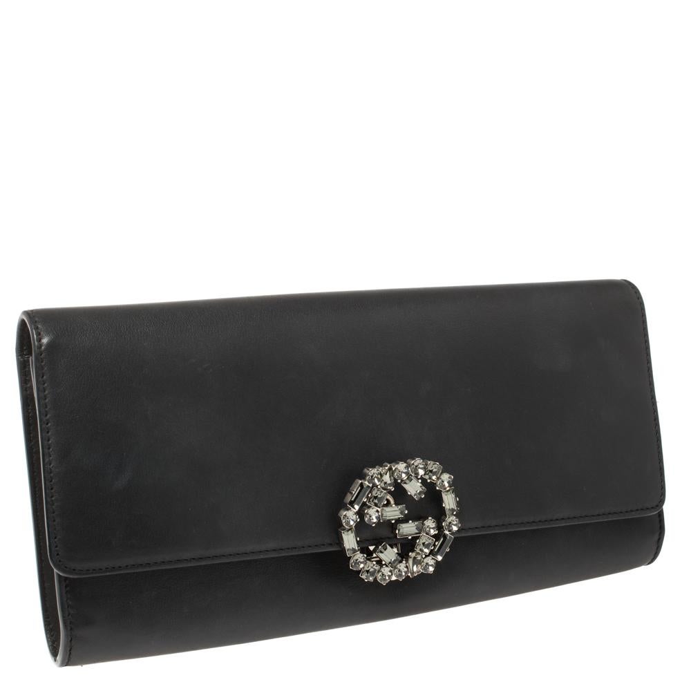 Women's Gucci Black Leather Broadway GG Crystal Closure Clutch
