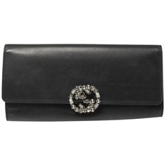 Gucci Black Leather Broadway GG Crystal Closure Clutch