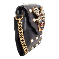 GUCCI black leather BROADWAY PEARLY BEE MINI Shoulder Bag