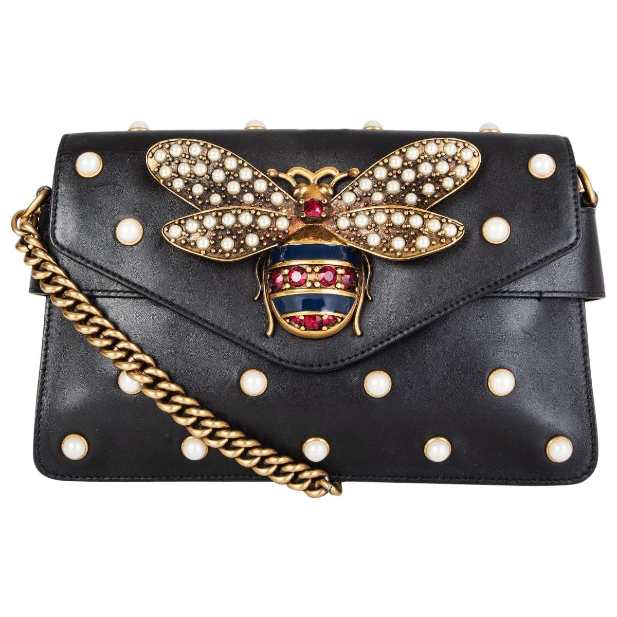 GUCCI black leather BROADWAY PEARLY BEE 