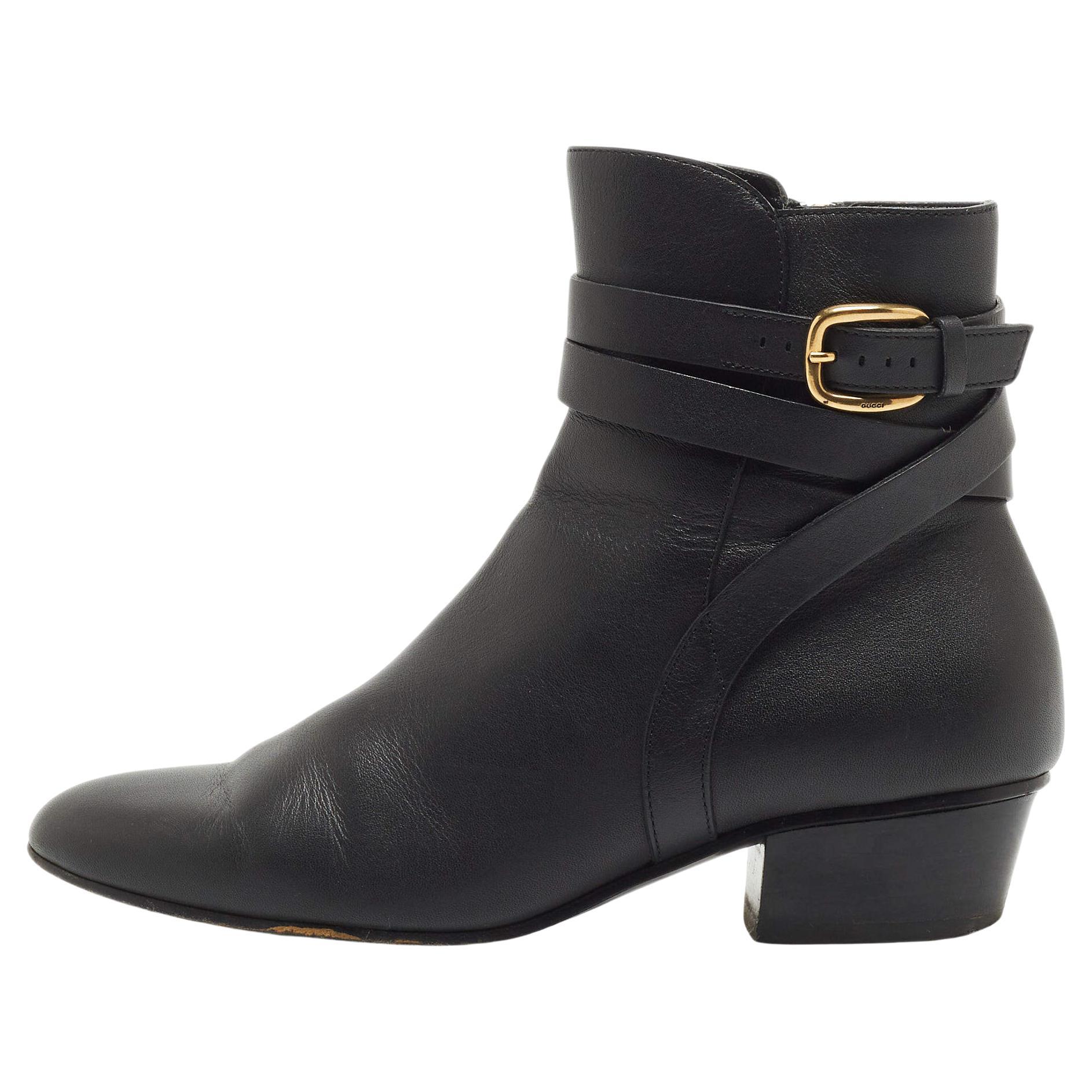 Gucci Black Leather Buckle Detail Ankle Booties  For Sale