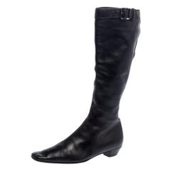 Gucci Black Leather Buckle Detail Square Toe Mid Calf Boots Size 37