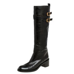 Gucci Black Leather Buckle Riding Knee Length Boots Size 38.5