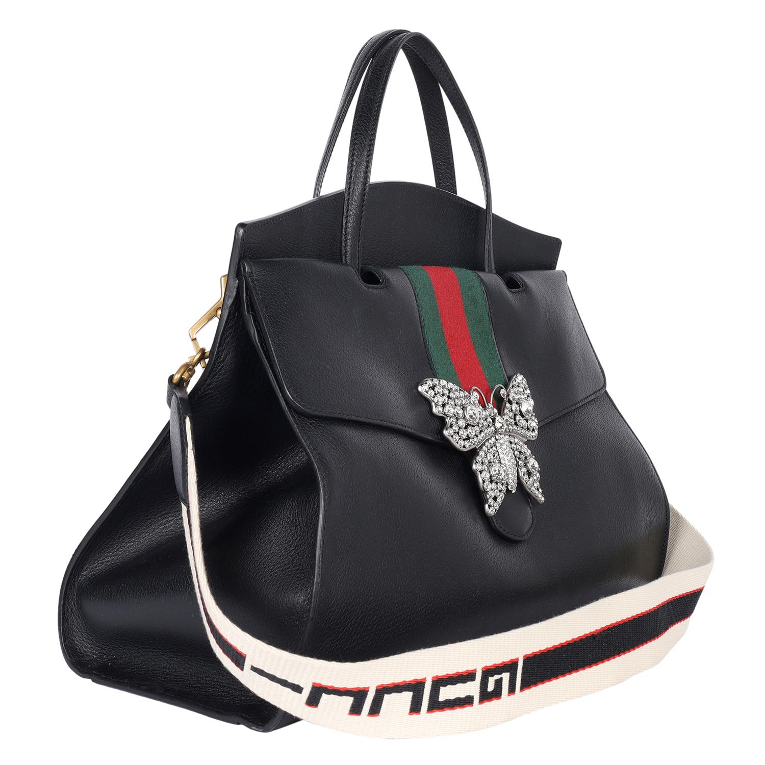 Women's GUCCI Black Leather Butterfly Linea Totem Handbag For Sale