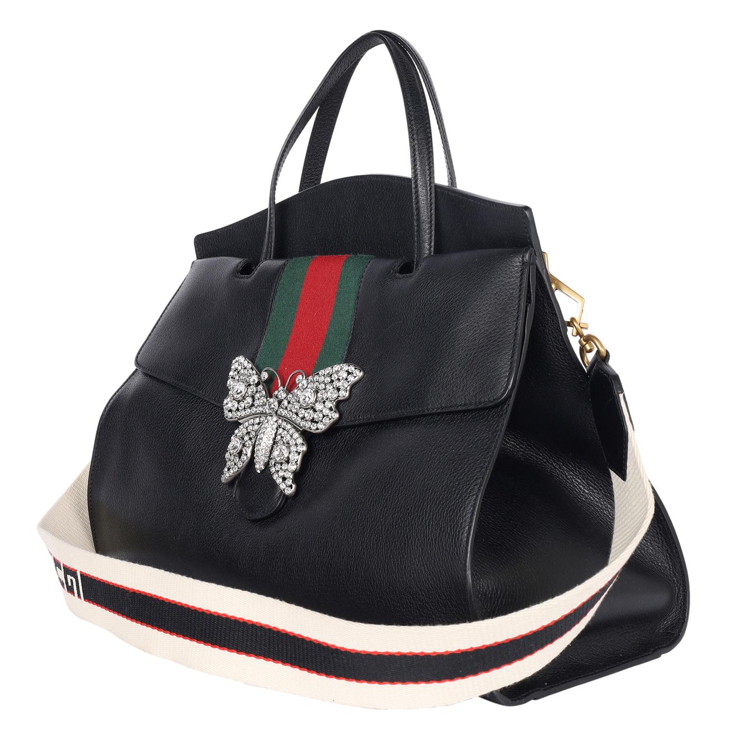 GUCCI Black Leather Butterfly Linea Totem Handbag For Sale 1