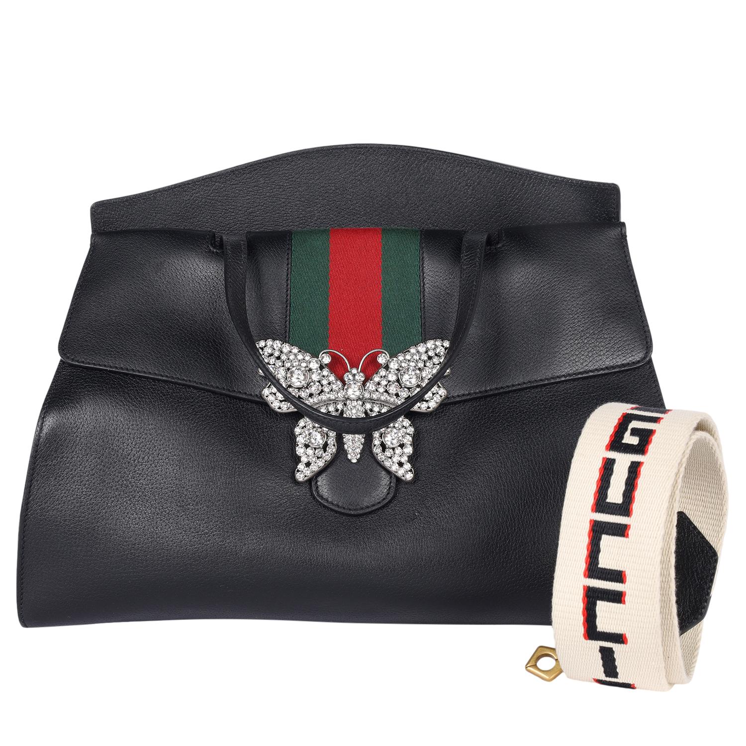 GUCCI Black Leather Butterfly Linea Totem Handbag For Sale 5