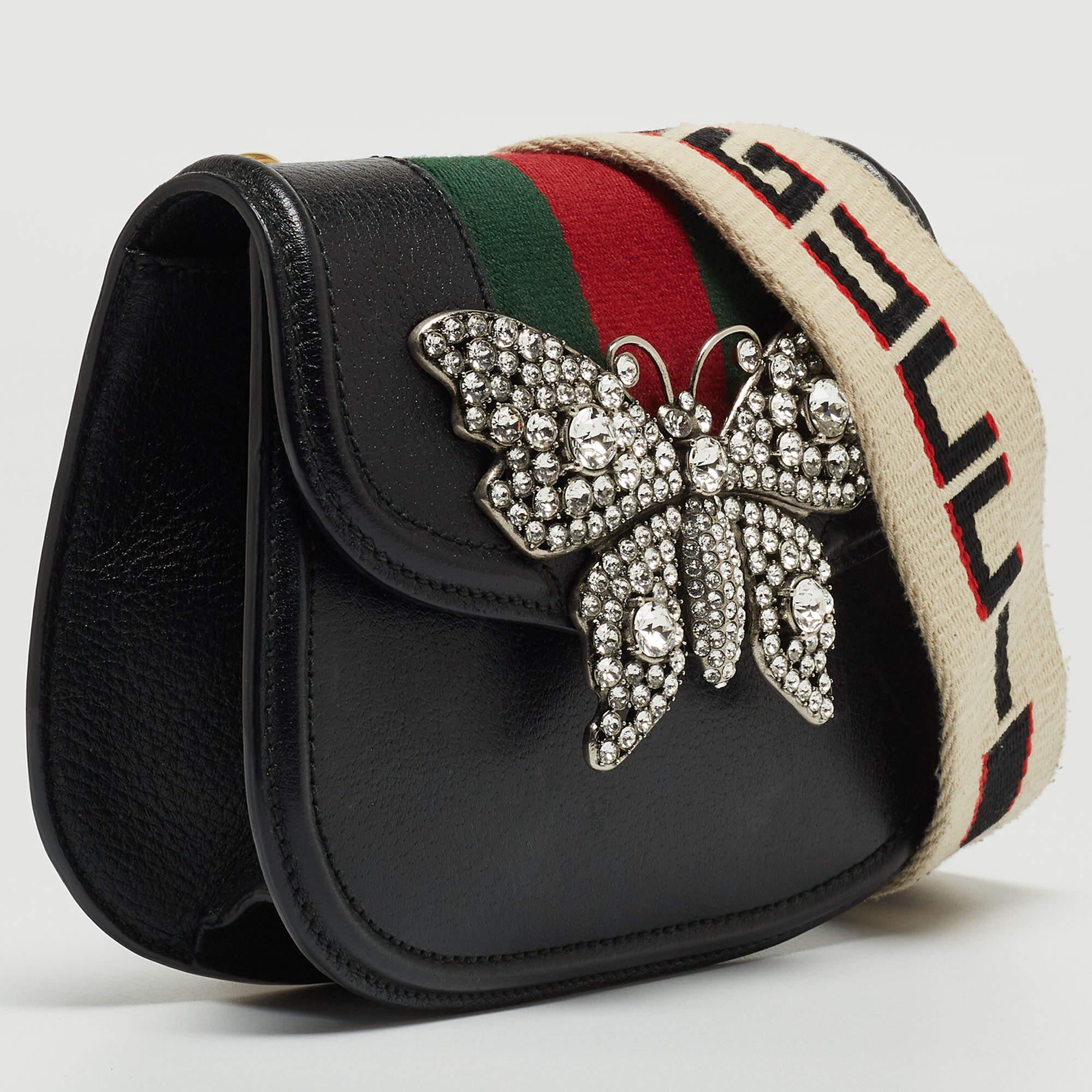 Women's Gucci Black Leather Butterfly Linea Totem Shoulder Bag