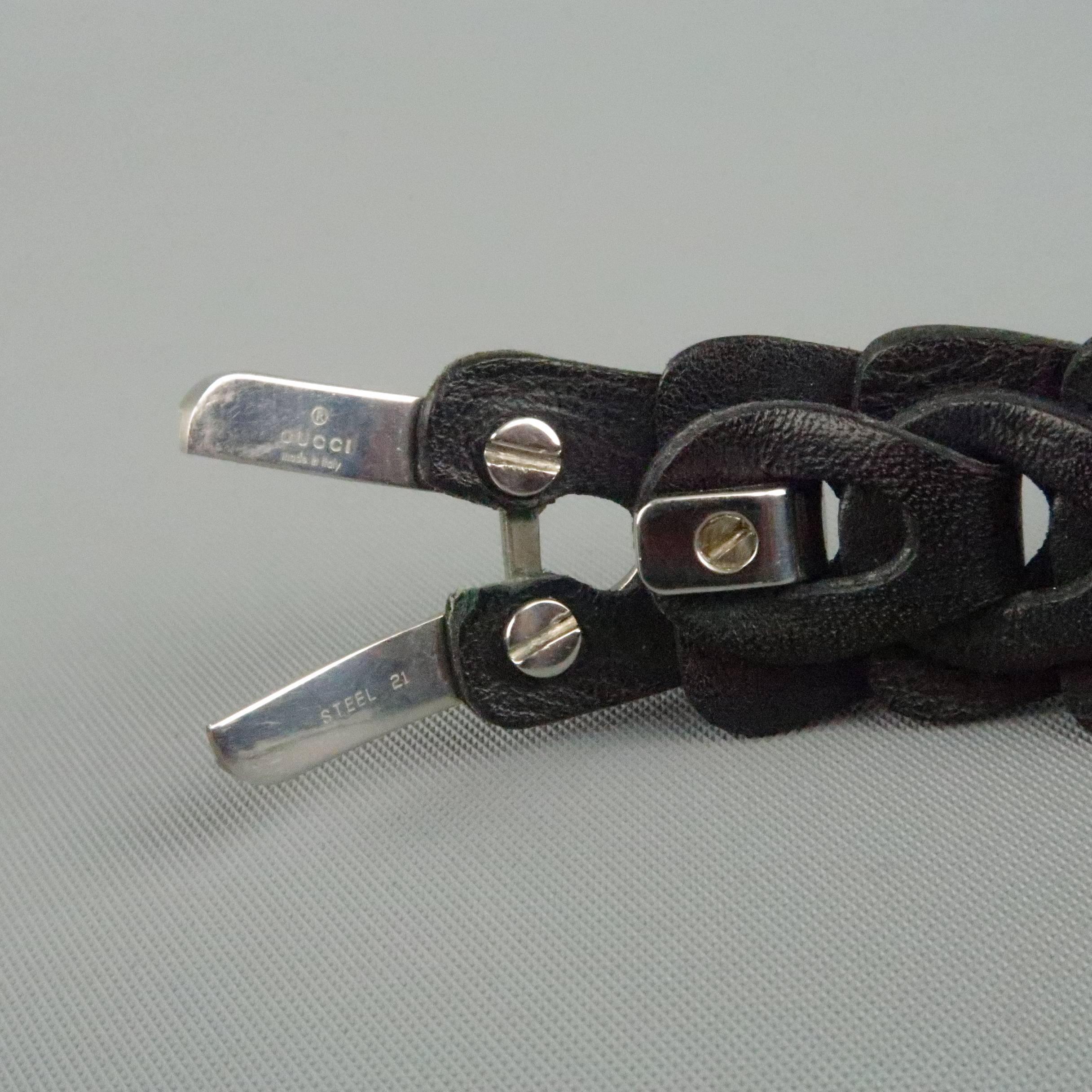 Gucci Black Leather Chain Silver Steel Cuff Bracelet 1