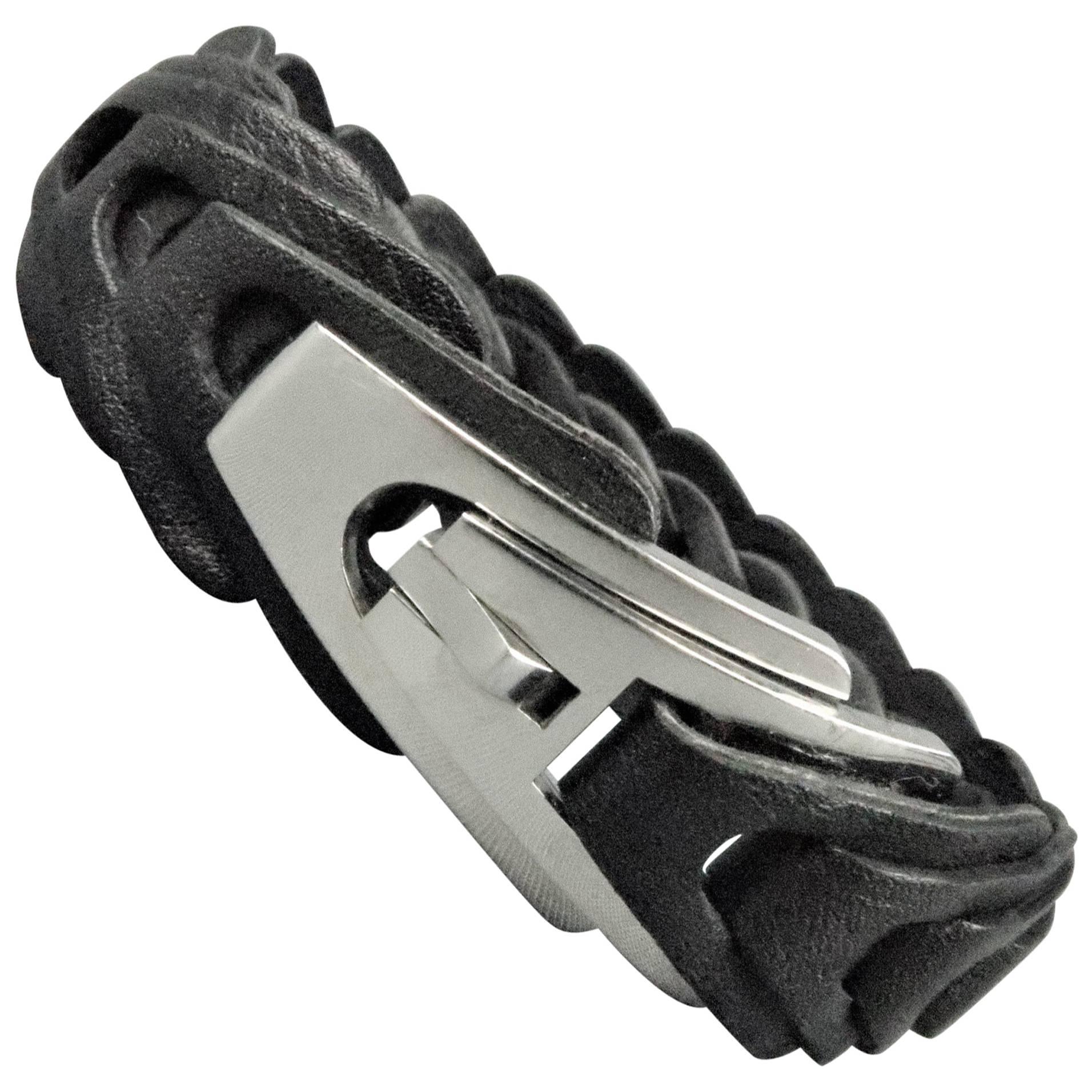 Gucci Black Leather Chain Silver Steel Cuff Bracelet