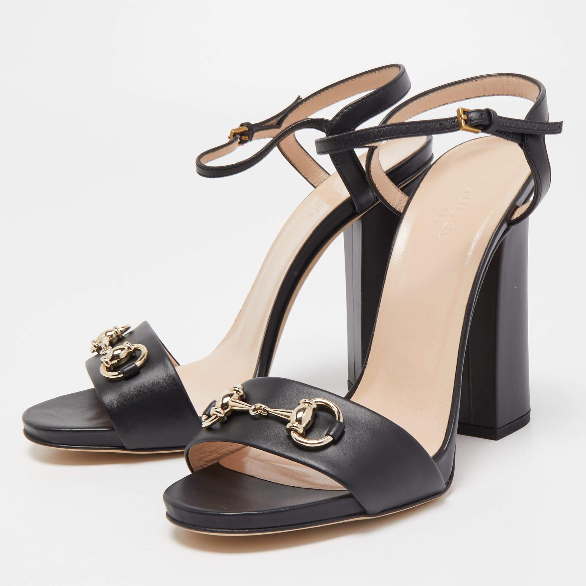 Women's Gucci Black Leather Claudie Horsebit Black Heel Ankle Strap Sandals Size 39.5
