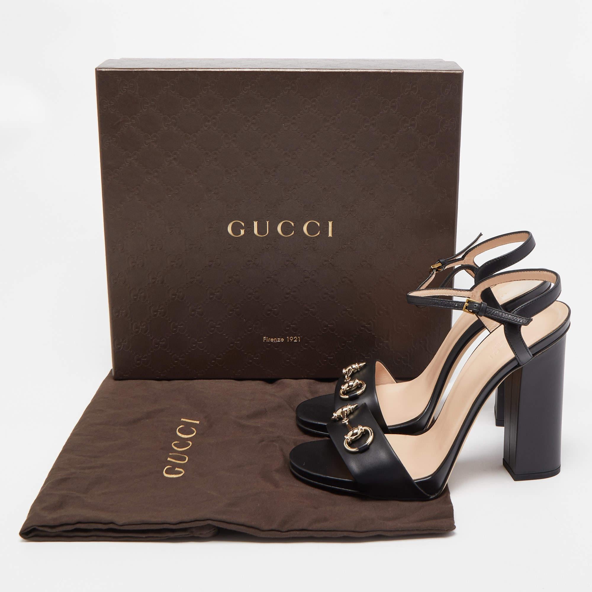Gucci Black Leather Claudie Horsebit Black Heel Ankle Strap Sandals Size 39.5 2
