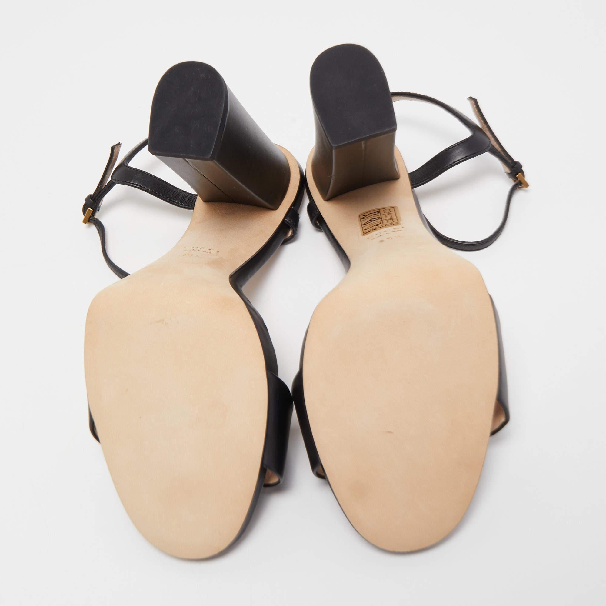 Gucci Black Leather Claudie Horsebit Black Heel Ankle Strap Sandals Size 39.5 5