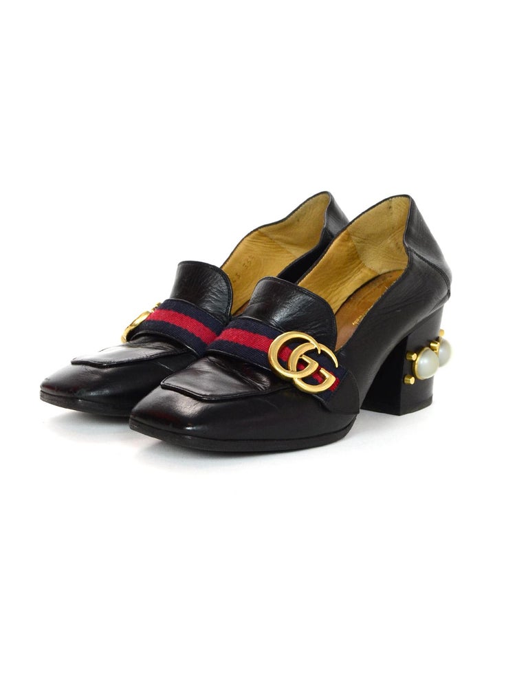Gucci Black Leather Collapsible Shoes W/ Faux Pearl Heels Sz 35.5 For ...