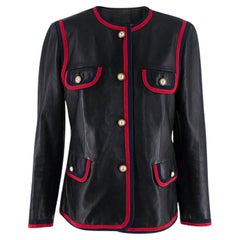 Gucci Black Leather Collarless Web-Trimmed Jacket - US 10