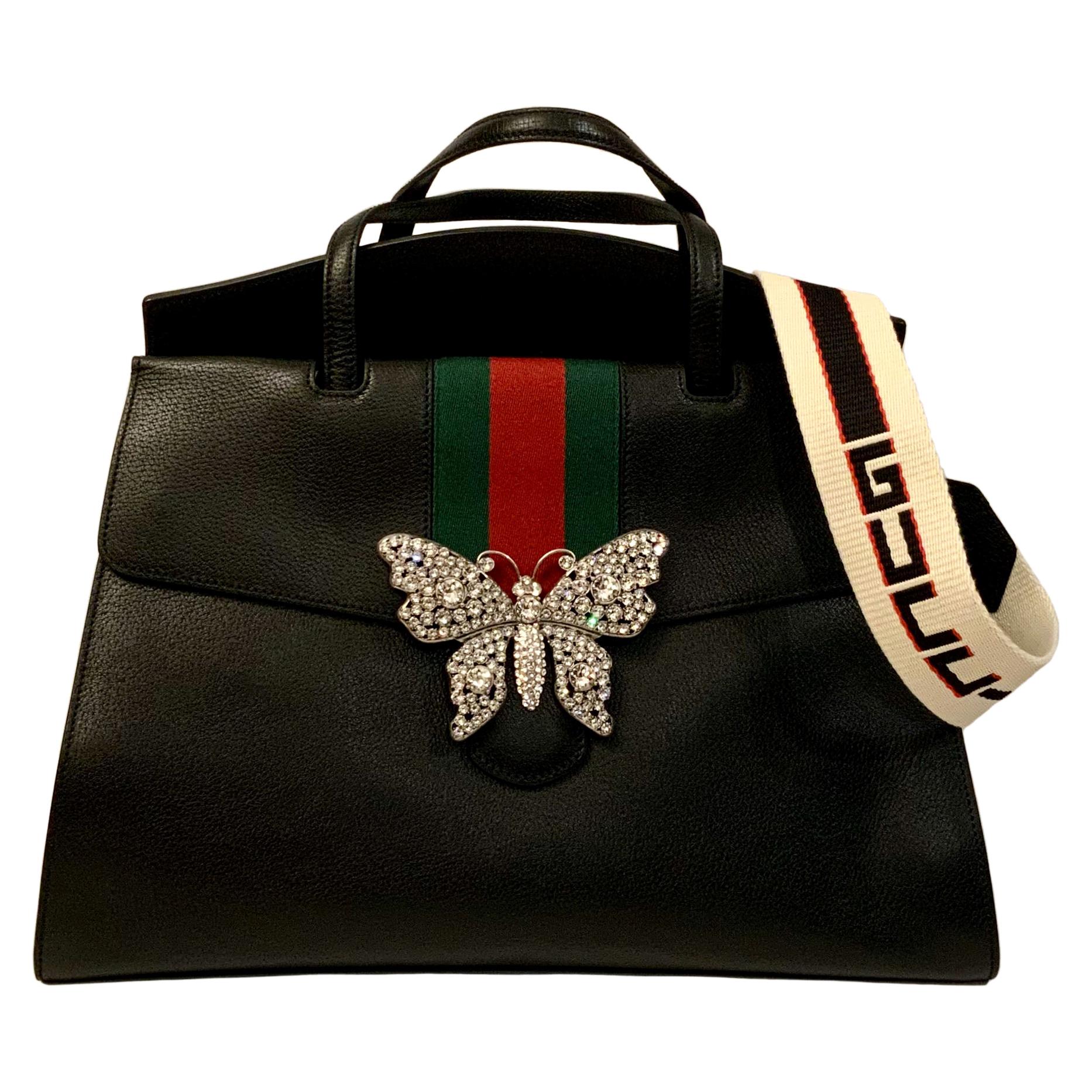 Gucci Black Leather Crystal Butterfly Linea Totem Large Bag