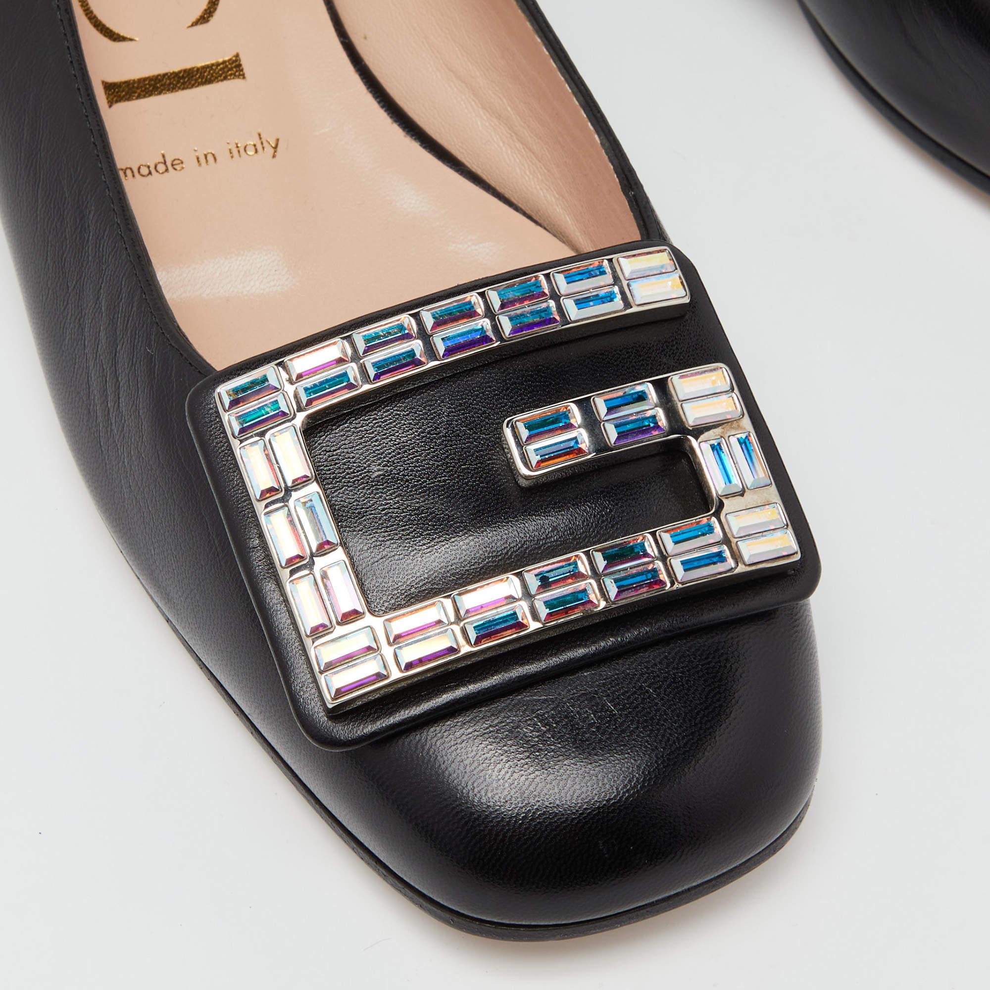 Gucci Black Leather Crystal Embellished G Ballet Flats In New Condition For Sale In Dubai, Al Qouz 2