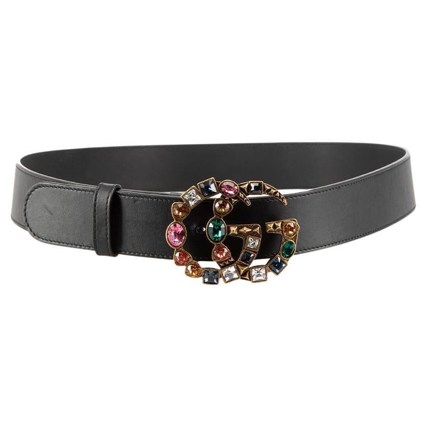 Gucci Black Leather Crystal Logo Buckle Belt