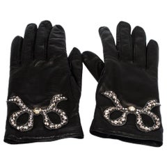 Gucci Schwarz Leder Crystal Patch Handschuhe Größe S