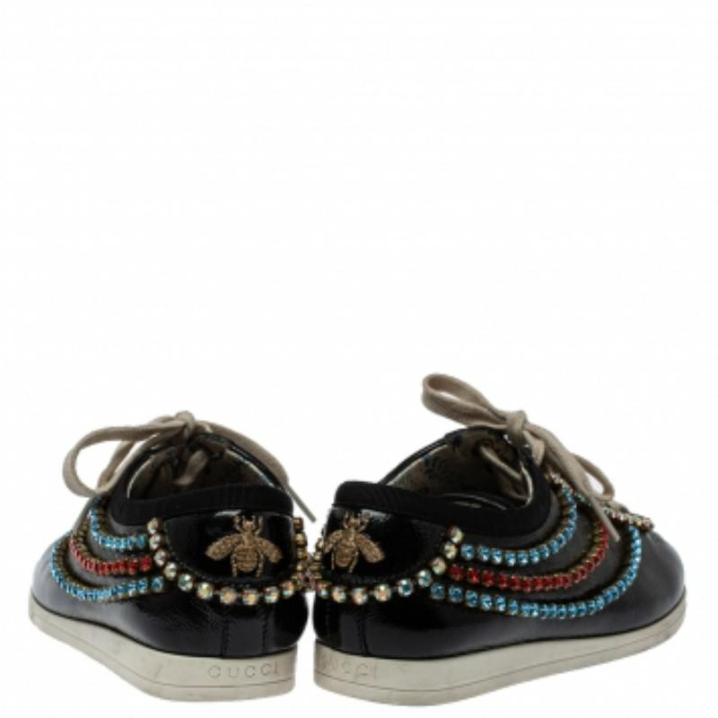 Gucci Black Leather Crystal Trim Sneakers Size 35 In Good Condition For Sale In Dubai, Al Qouz 2