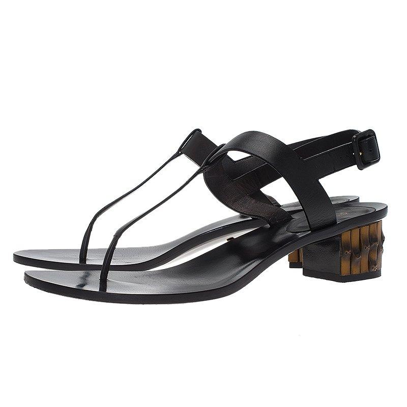 Gucci Black Leather Dahlia Bamboo Heel Thong Sandals Size 40 In Good Condition In Dubai, Al Qouz 2