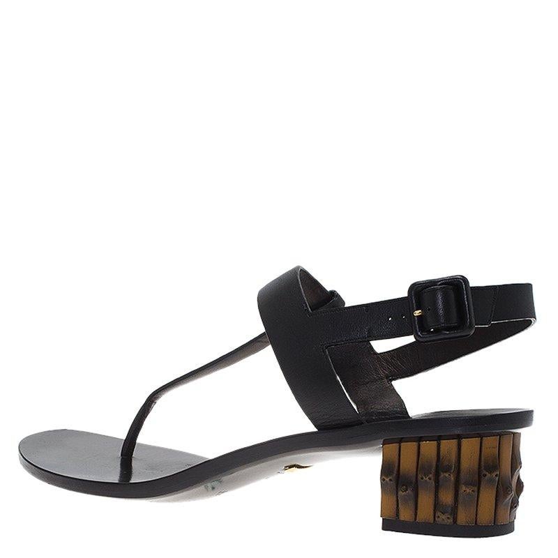 Gucci Black Leather Dahlia Bamboo Heel Thong Sandals Size 40 In Good Condition In Dubai, Al Qouz 2