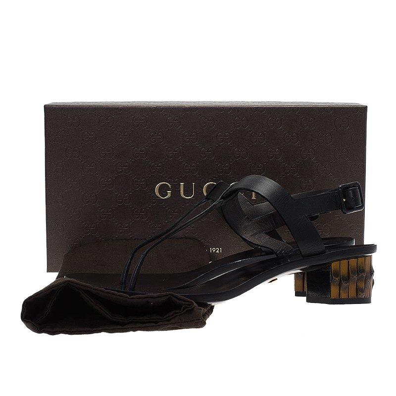 Gucci Black Leather Dahlia Bamboo Heel Thong Sandals Size 40 1