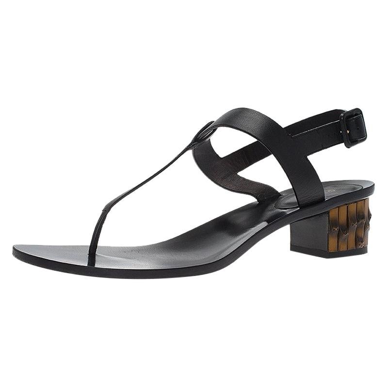 Gucci Black Leather Dahlia Bamboo Heel Thong Sandals Size 40