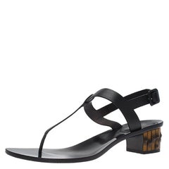 Used Gucci Black Leather Dahlia Bamboo Heel Thong Sandals Size 40