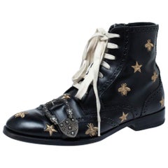 Gucci Black Leather Dionysus Bee Buckle Ankle Boots Size 41.5
