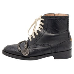 Gucci Black Leather Dionysus Brogue Ankle Length Boots Size 39