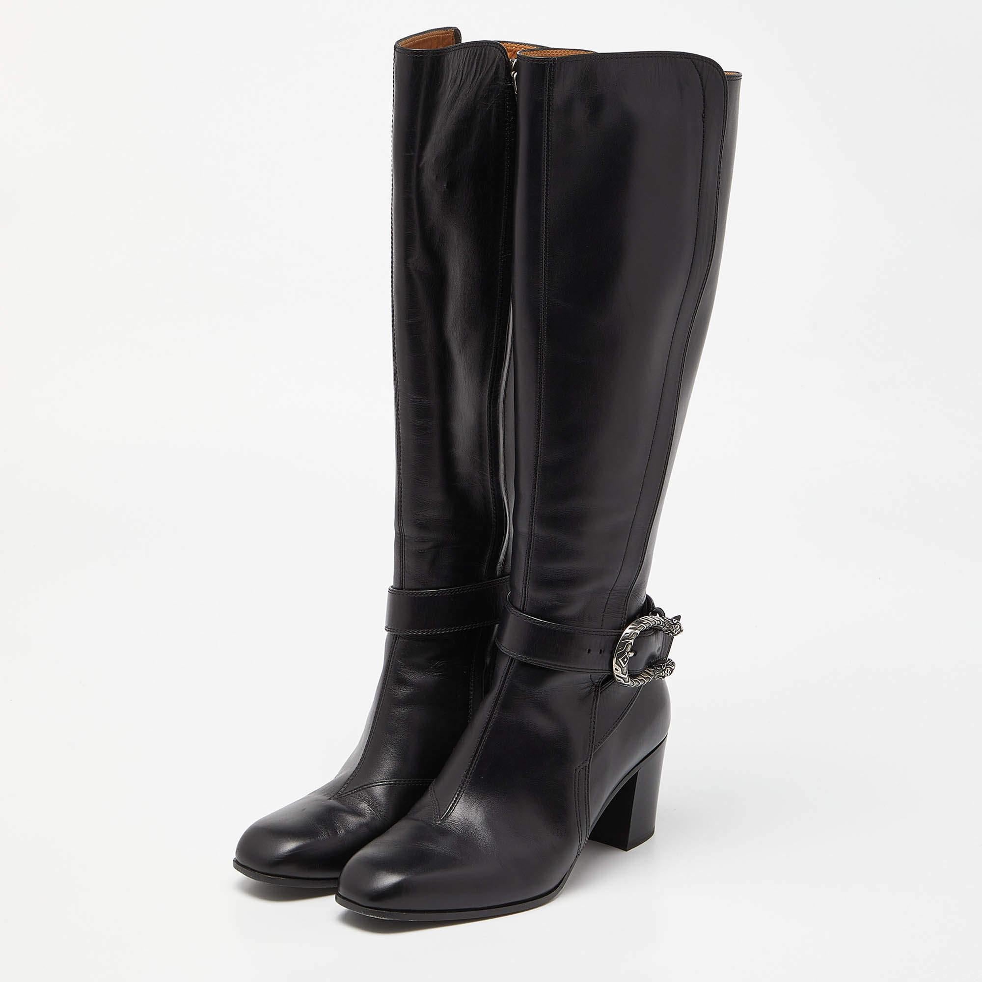 Gucci Black Leather Dionysus Elizabeth Calf Boots Size 38 For Sale 1