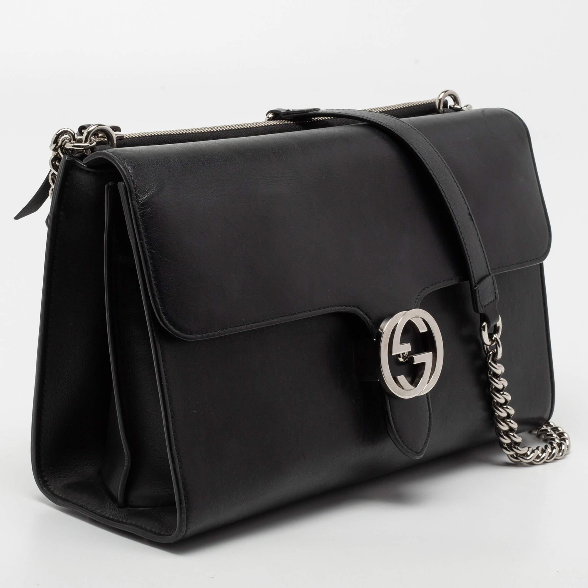 Women's Gucci Black Leather Dollar Interlocking G Shoulder Bag