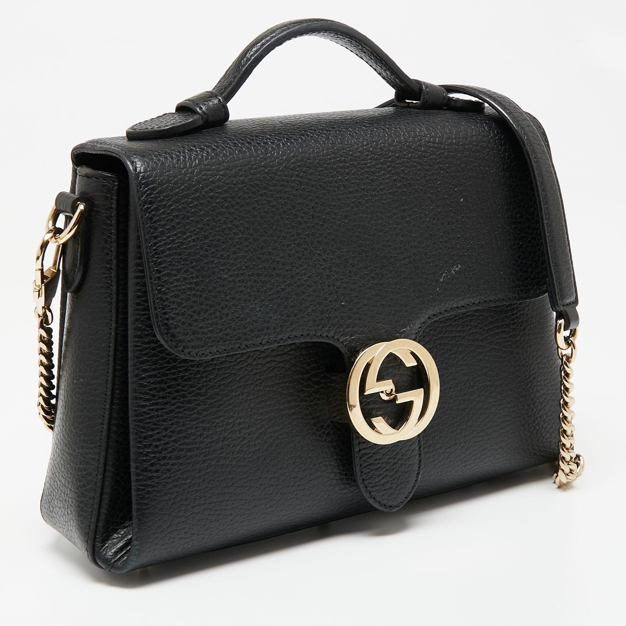 Women's Gucci Black Leather Dollar Interlocking G Top Handle Bag