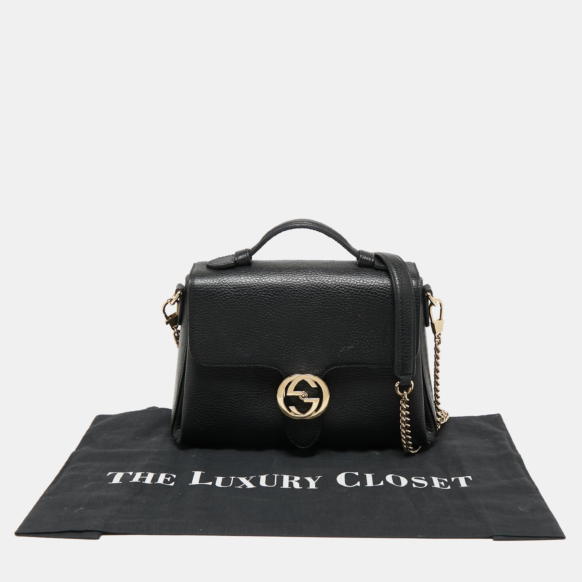 Gucci Black Leather Dollar Interlocking G Top Handle Bag 2