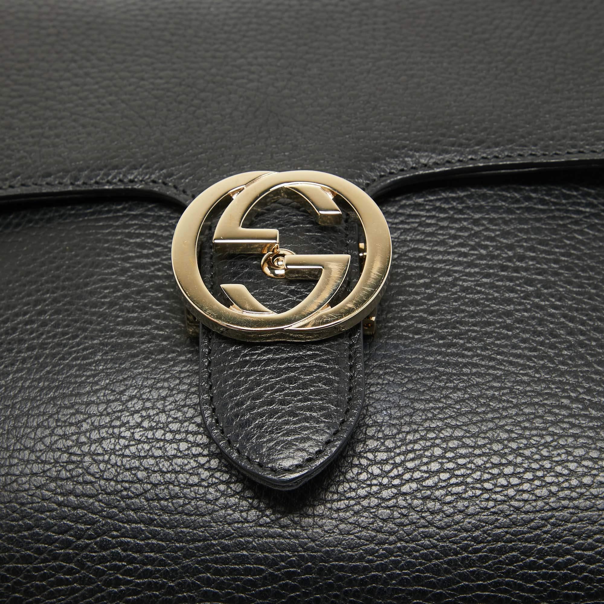 Gucci Black Leather Doller Interlocking G Top Handle Bag For Sale 6