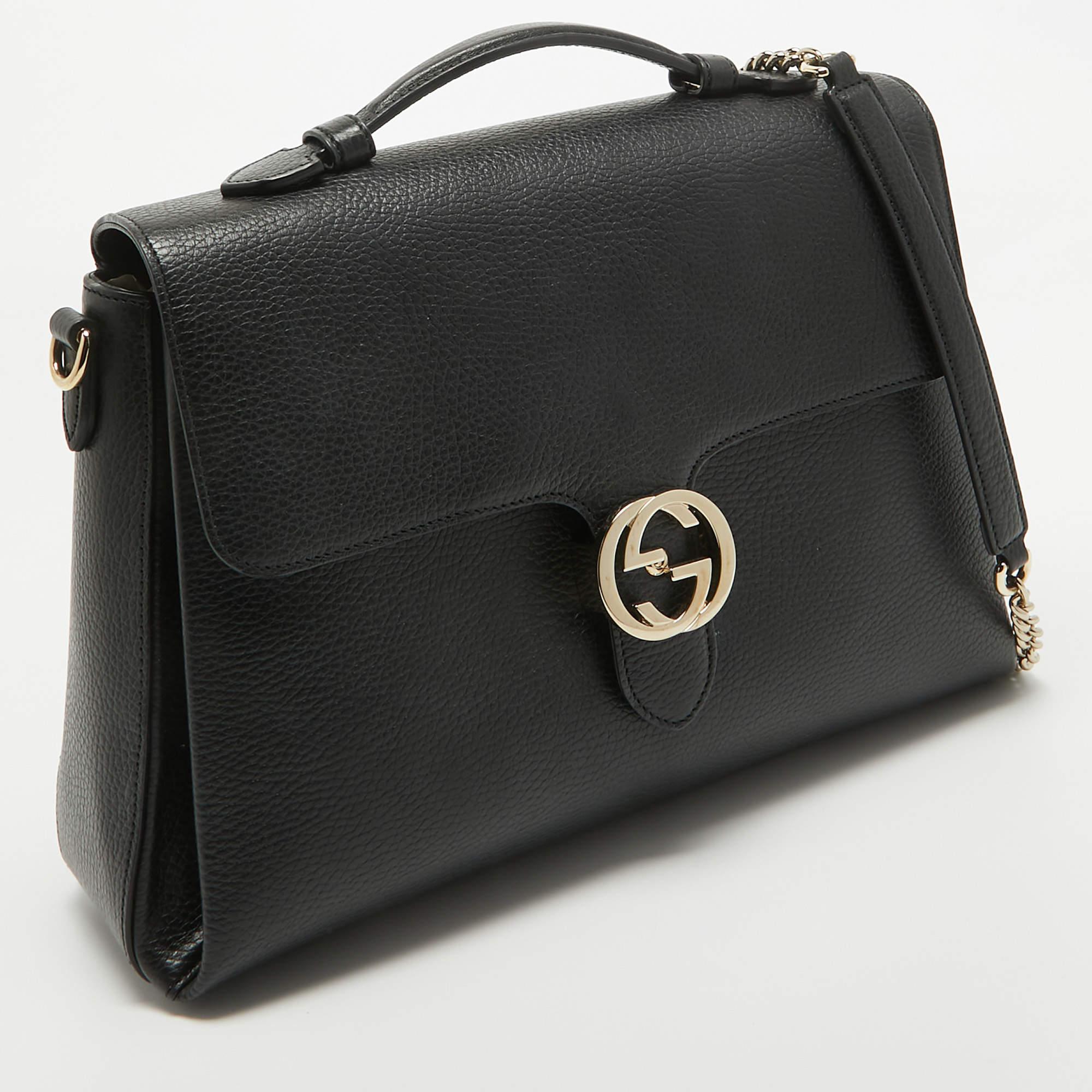 Women's Gucci Black Leather Doller Interlocking G Top Handle Bag For Sale