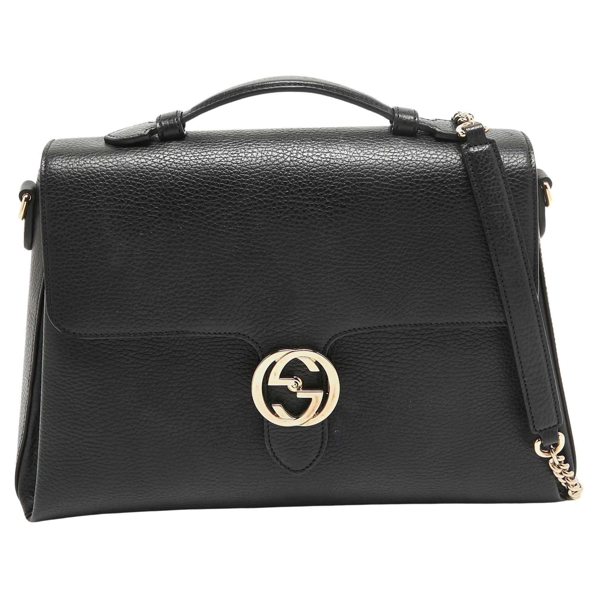 Gucci Black Leather Doller Interlocking G Top Handle Bag For Sale