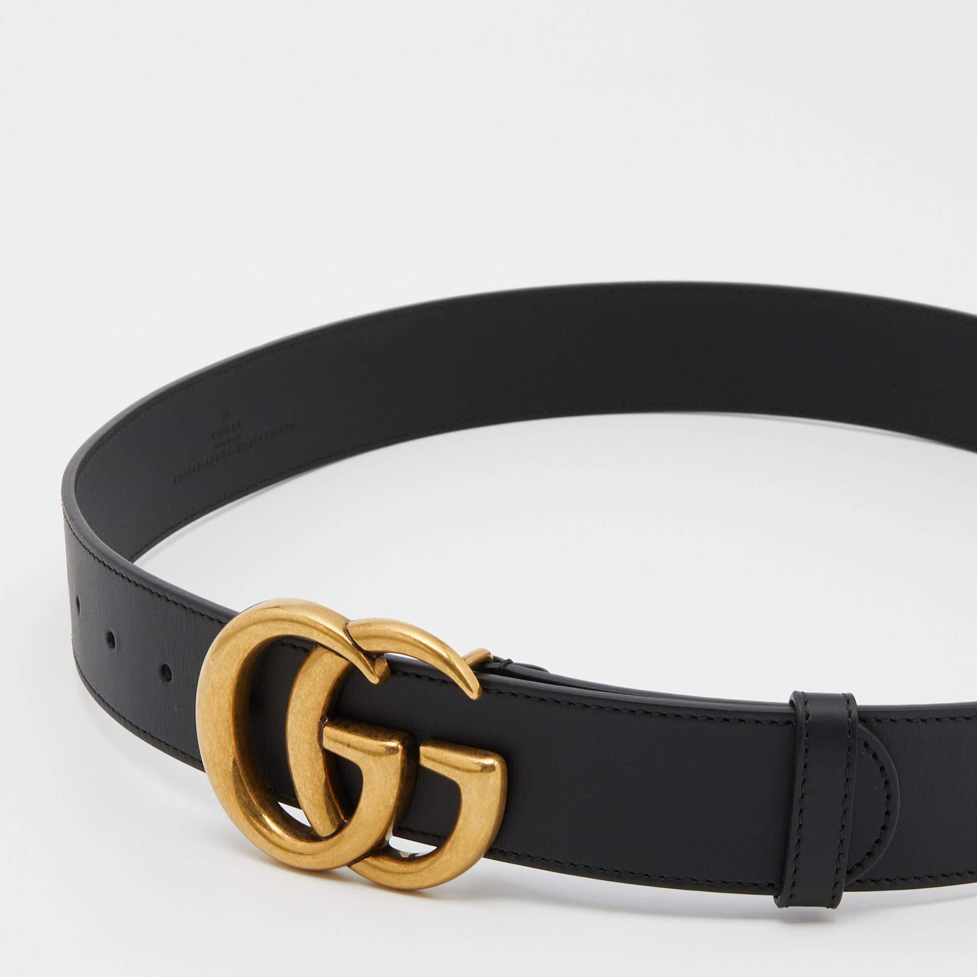 Coming from the House of Gucci, this stunning belt is made to offer you both elegance and signature charm! It is made from black leather with a gold-toned double G buckle attached to the front. This slim belt is super sturdy and measures 90cm in