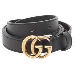 Used Gucci Black Leather Double G Buckle Slim Belt 85 CM
