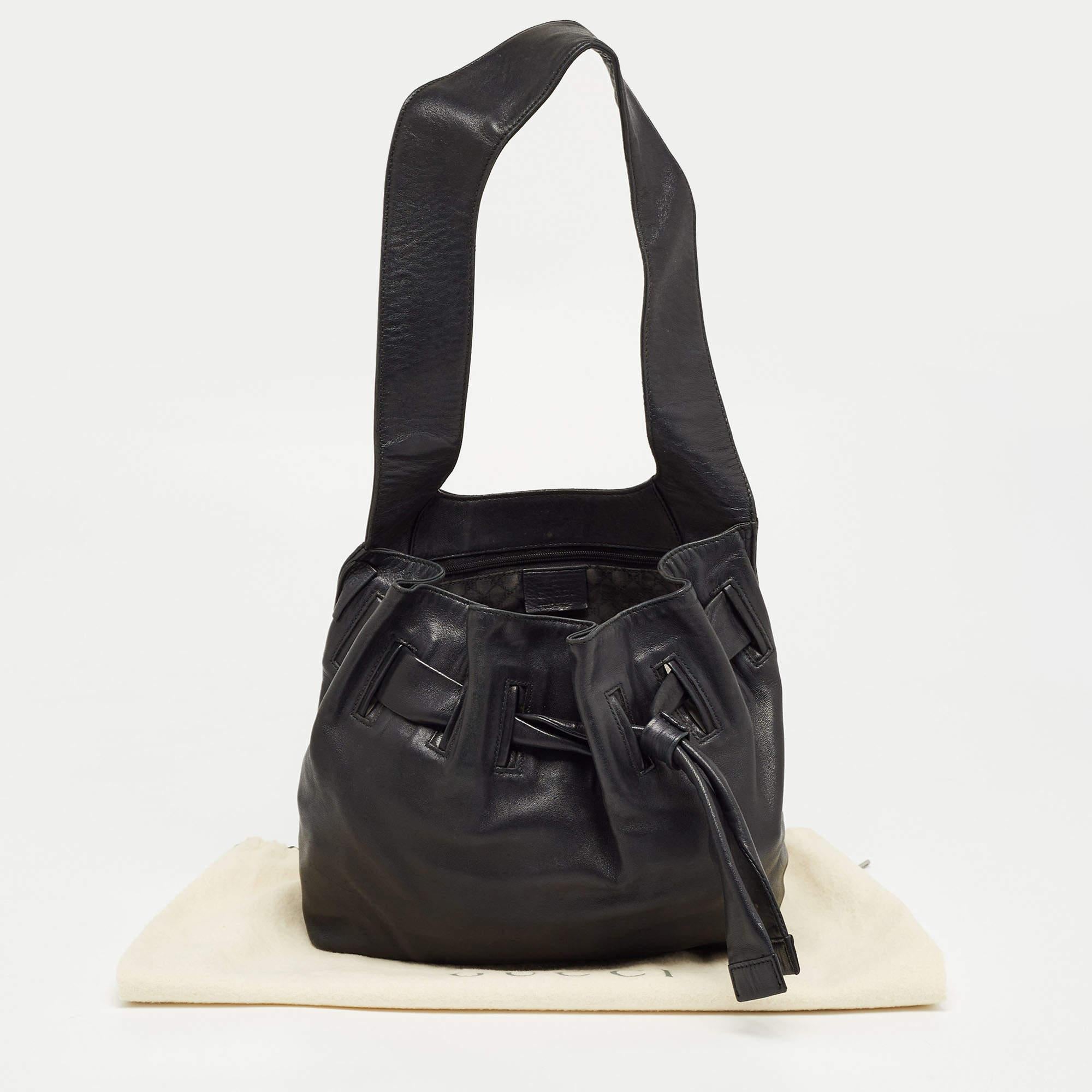 Gucci Black Leather Drawstring Hobo For Sale 12