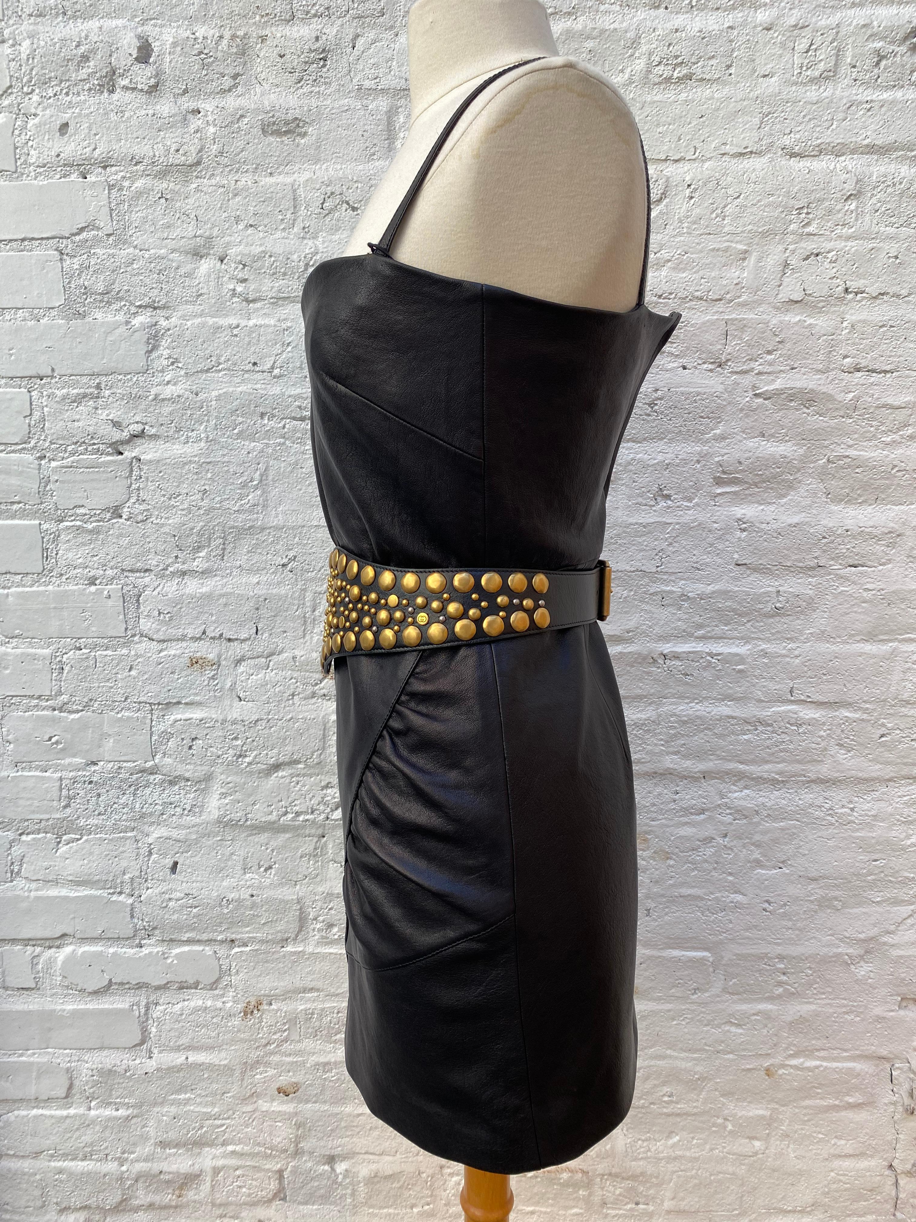 Gucci Black Leather Dress with Studded Calfskin Belt. New condition with original tags. Never worn. Can be worn with belt or without. Guaranteed authentic. 

Measurements
Bust: 32