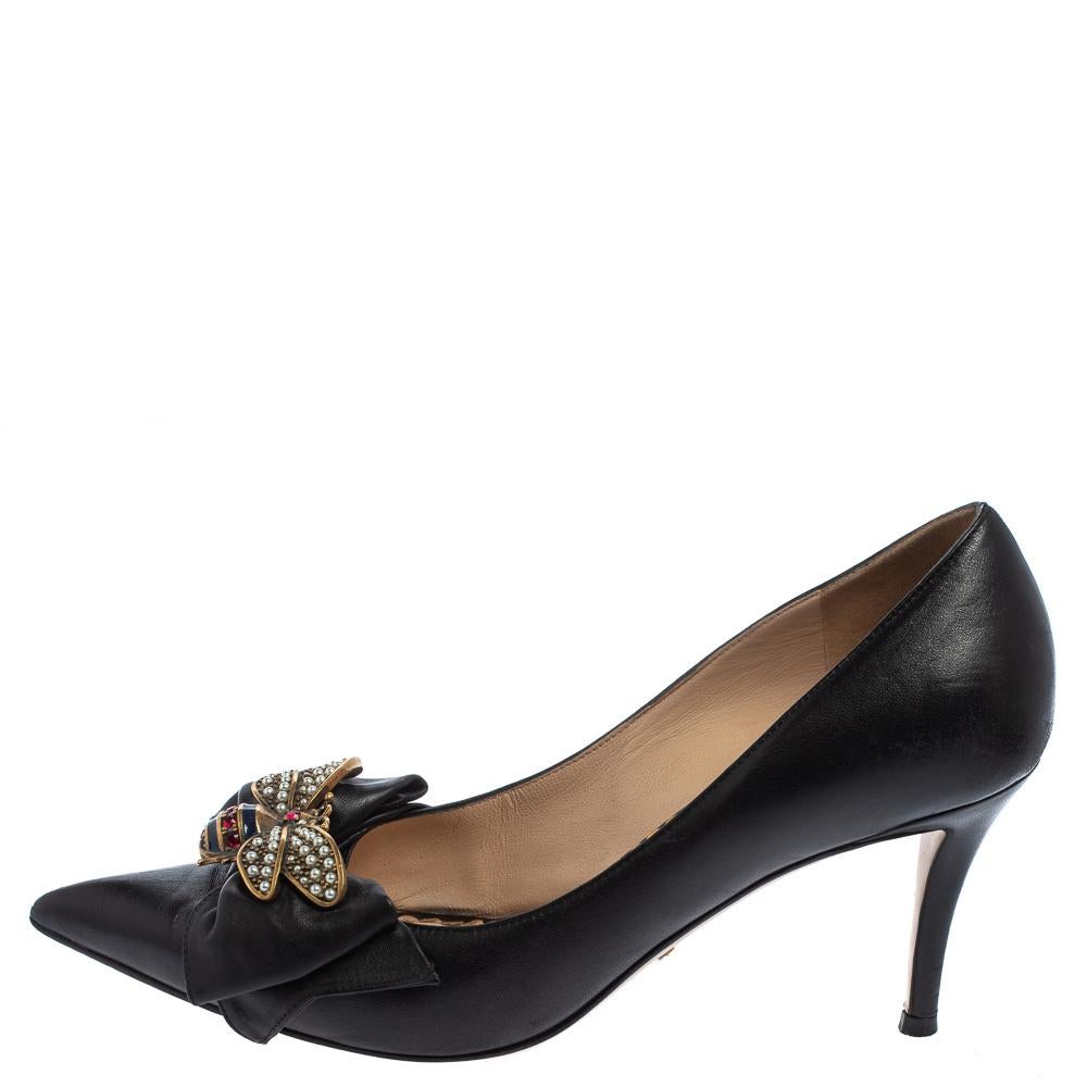 Women's Gucci Black Leather Embellished Bow Queen Margaret Pumps Size 39
